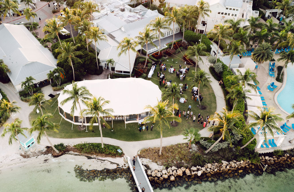 Ariel view of ceremony set up a Naples Florida beach wedding venue, South Seas Island Resort. 