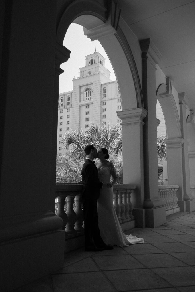 Black and white couple portraits captured at one of the best wedding venues in Naples FL, The Ritz-Carlton, Naples Beach Resort. 